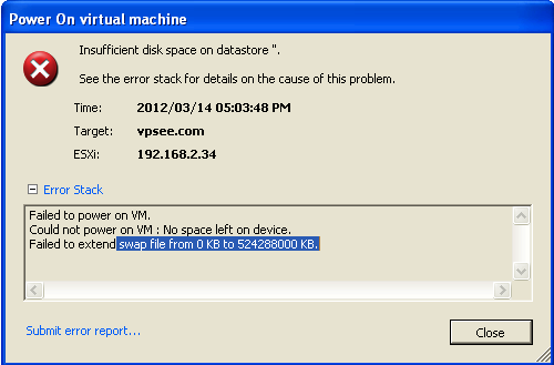 vmware esxi insufficient disk space